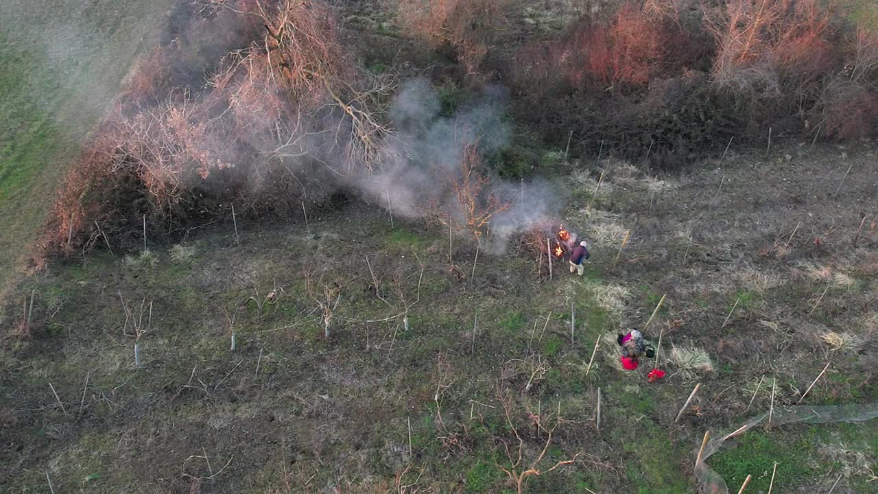 农民在葡萄庄园修剪完葡萄后焚烧树枝。在日落时分，人们在山上的田野里照料着大火和浓烟。视频素材