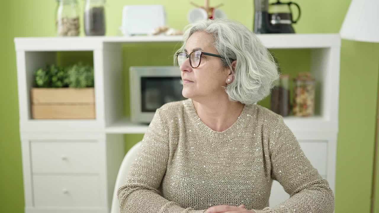 中年妇女与灰色头发微笑自信地坐在家里的桌子上视频素材