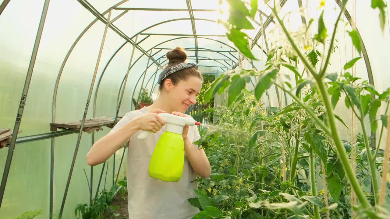 园艺和农业概念。女园丁农场工人拿着喷雾瓶和浇水施肥番茄植株。女孩在家里的温室园艺。温室生产。有机蔬菜。视频素材