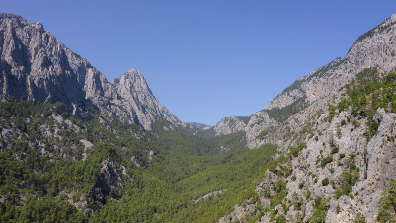 夏日蓝天下的高山绿林。视频素材