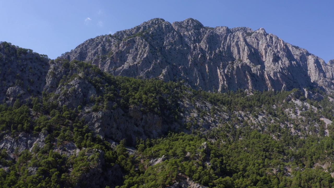 灰色的山峰和绿色的森林。蓝色的夏日天空为背景。视频素材