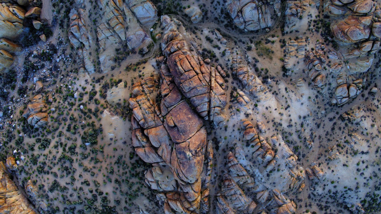 在沙漠地区景观上的小植物的空中顶部平移镜头- Sierra县，加利福尼亚视频素材