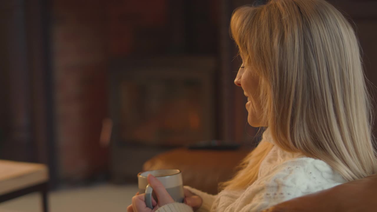 女人在家里的休息室里有舒适的火和热饮视频素材