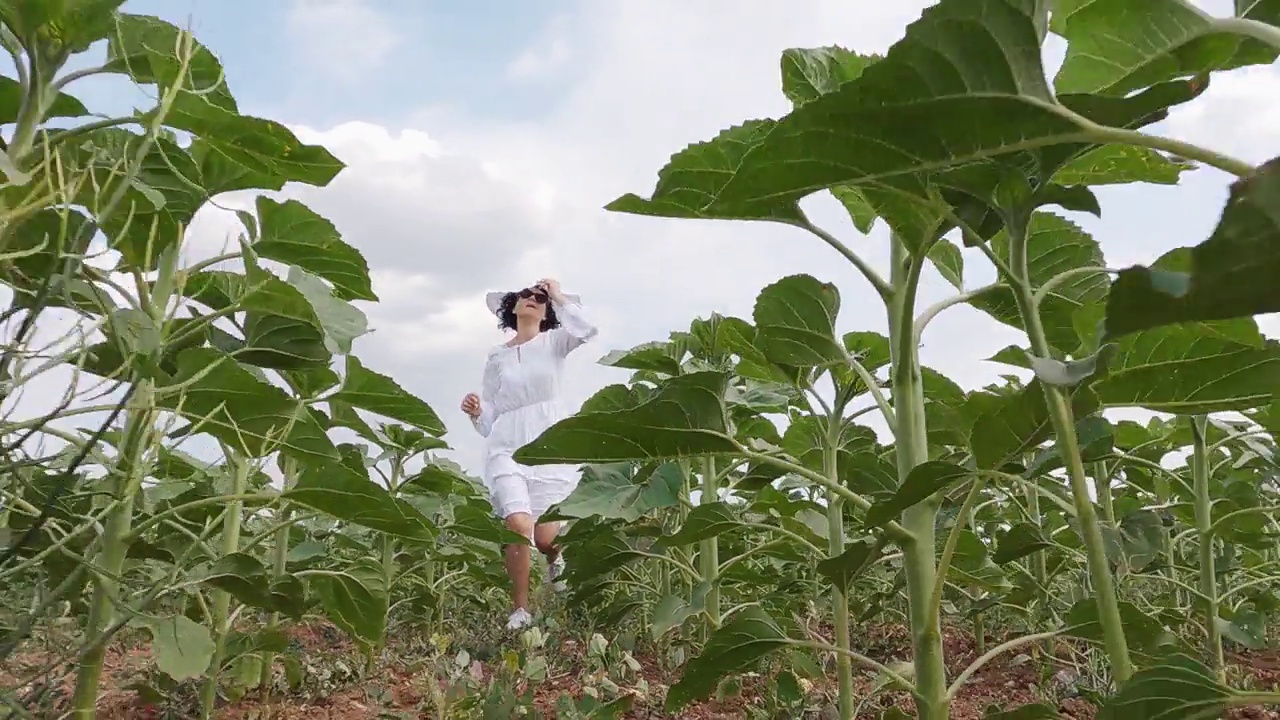 快乐的农妇穿着白色的衣服和帽子在大豆上奔跑，大豆农业收获田，慢动作视频素材