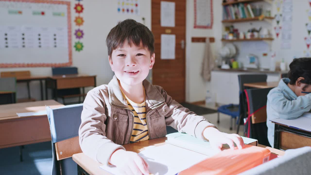 学校教育，课堂和孩子快乐的知识学习，学习或初级学习。儿童发展学院，年轻学生和青年学生，男性男孩或儿童的面部肖像视频素材