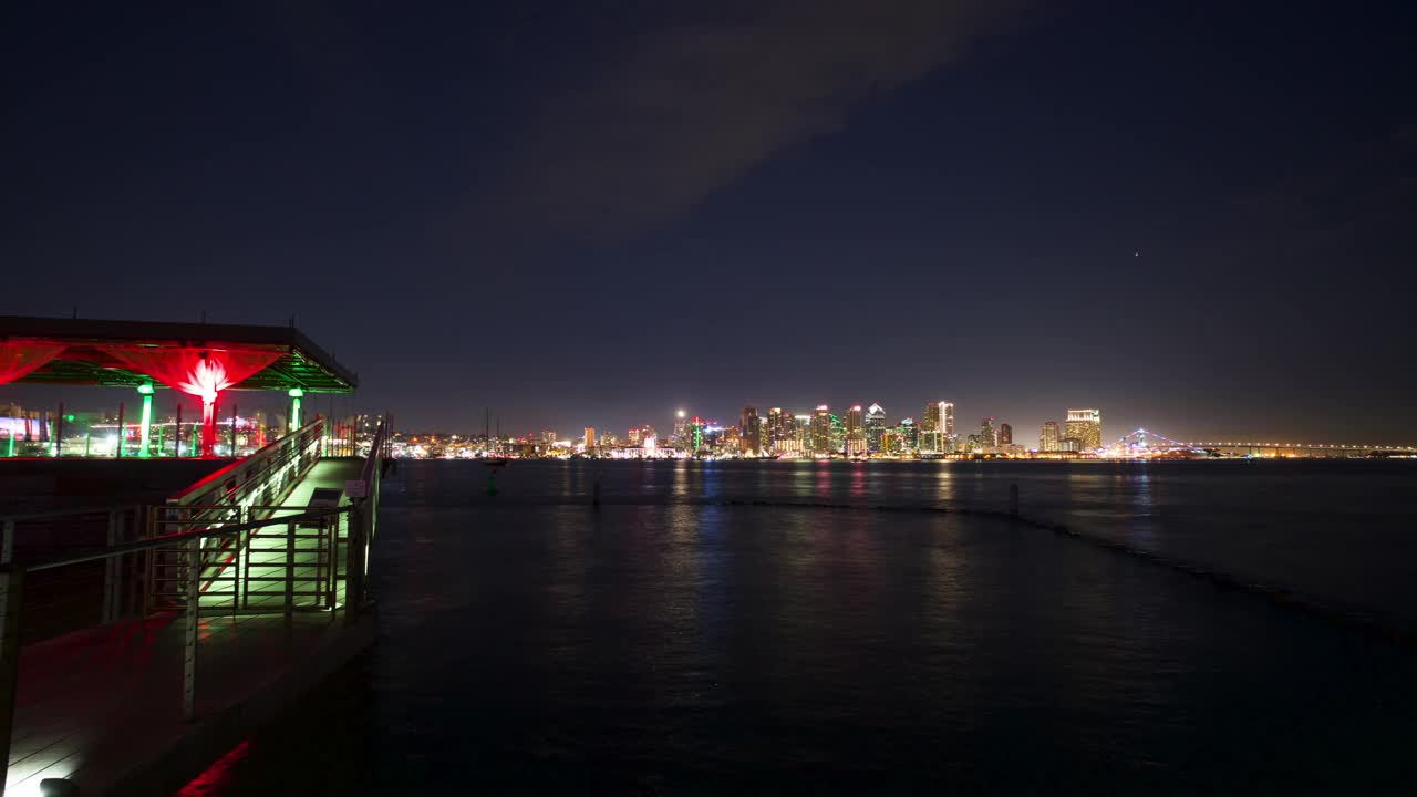 时间流逝的封锁在夜晚的港口和遥远的城市天际线与过往的飞机-圣地亚哥，加利福尼亚视频素材