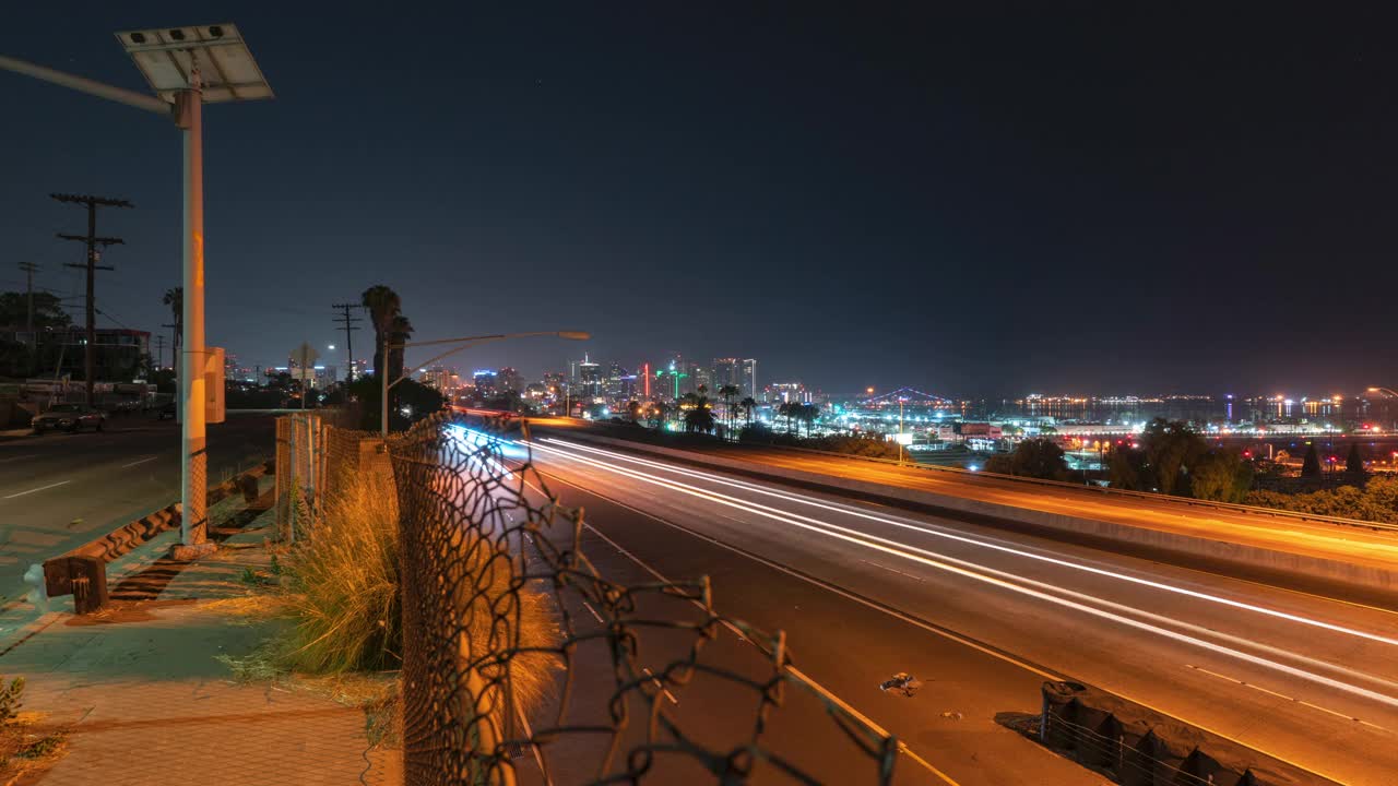 一个繁华的高速公路在夜晚的时间间隔封锁与城市天际线背景-圣地亚哥，加利福尼亚视频素材