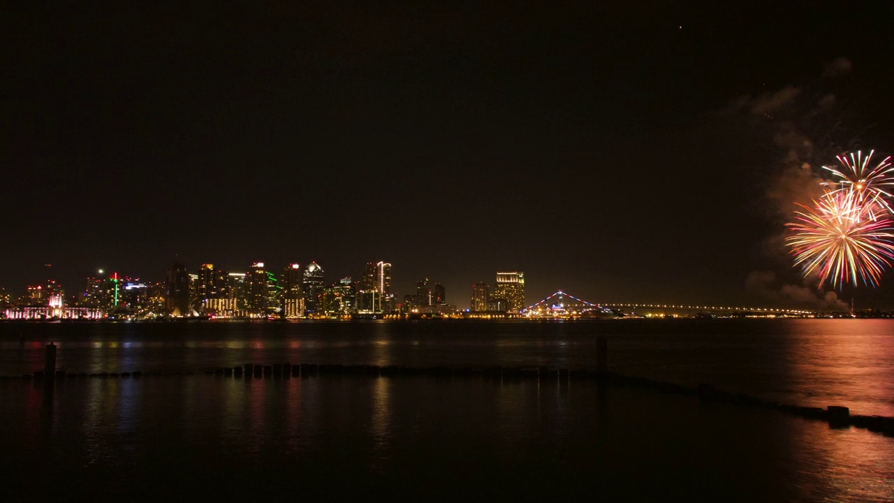 时间流逝的封锁在夜晚的港口和遥远的城市天际线与烟花-圣地亚哥，加利福尼亚视频素材