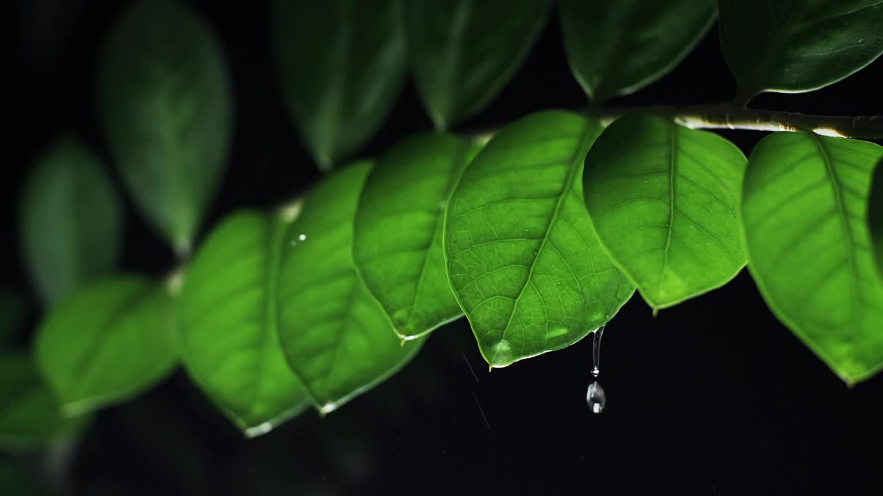 水滴植物的叶子在晚上。雨点落在黑色背景上的绿色树叶上视频素材