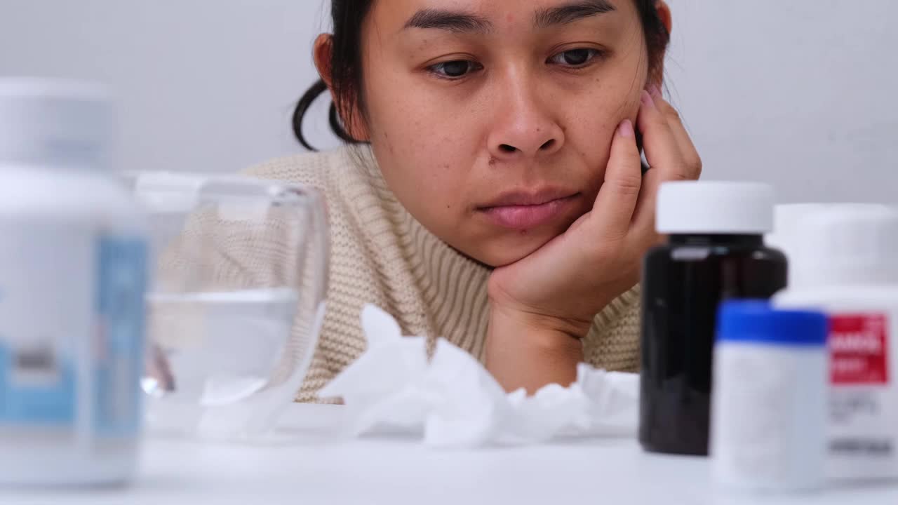 亚洲年轻女子坐在那里看着很多药片，感觉不舒服。亚洲女性因为不想吃药而感到压力和无聊。视频素材