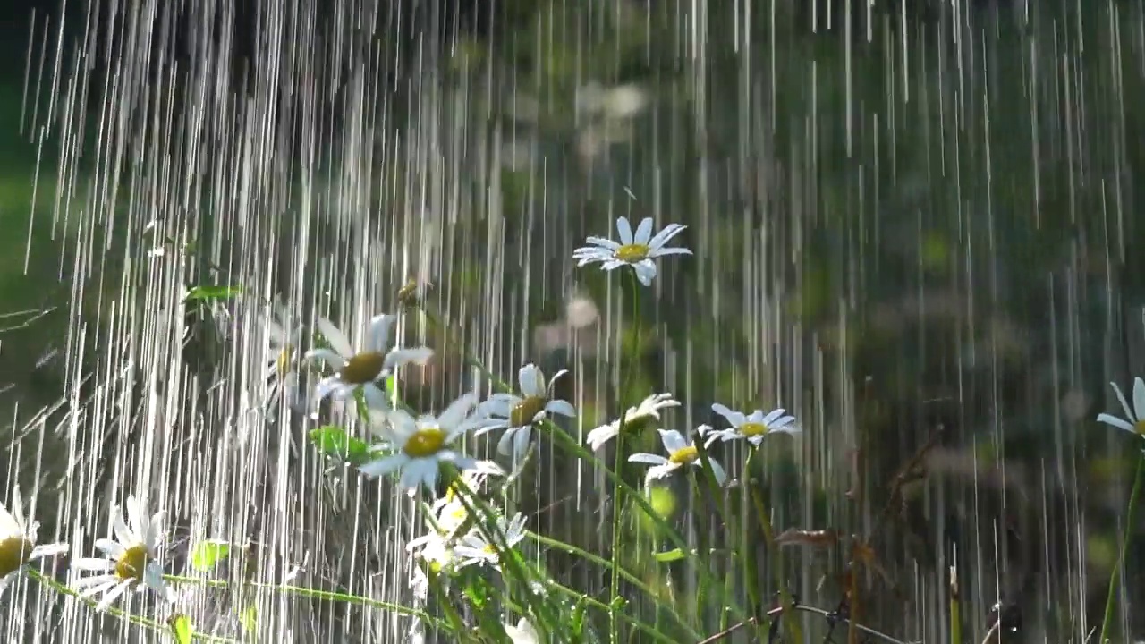 雏菊花浇水像雨在后院花园春天夏天的时候视频下载