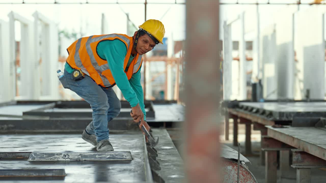 图为，穿着安全服的亚洲男性工头正在工地上用锤子检查建筑物结构。视频素材