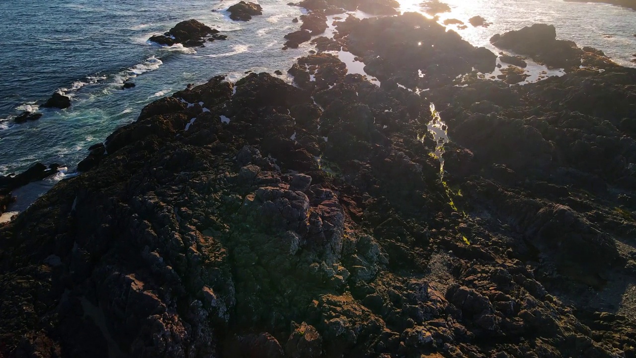 在海洋和灯塔附近茂密的森林和岩石海岸上空飞行视频素材