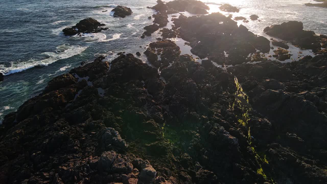 在海洋和灯塔附近茂密的森林和岩石海岸上空飞行视频素材