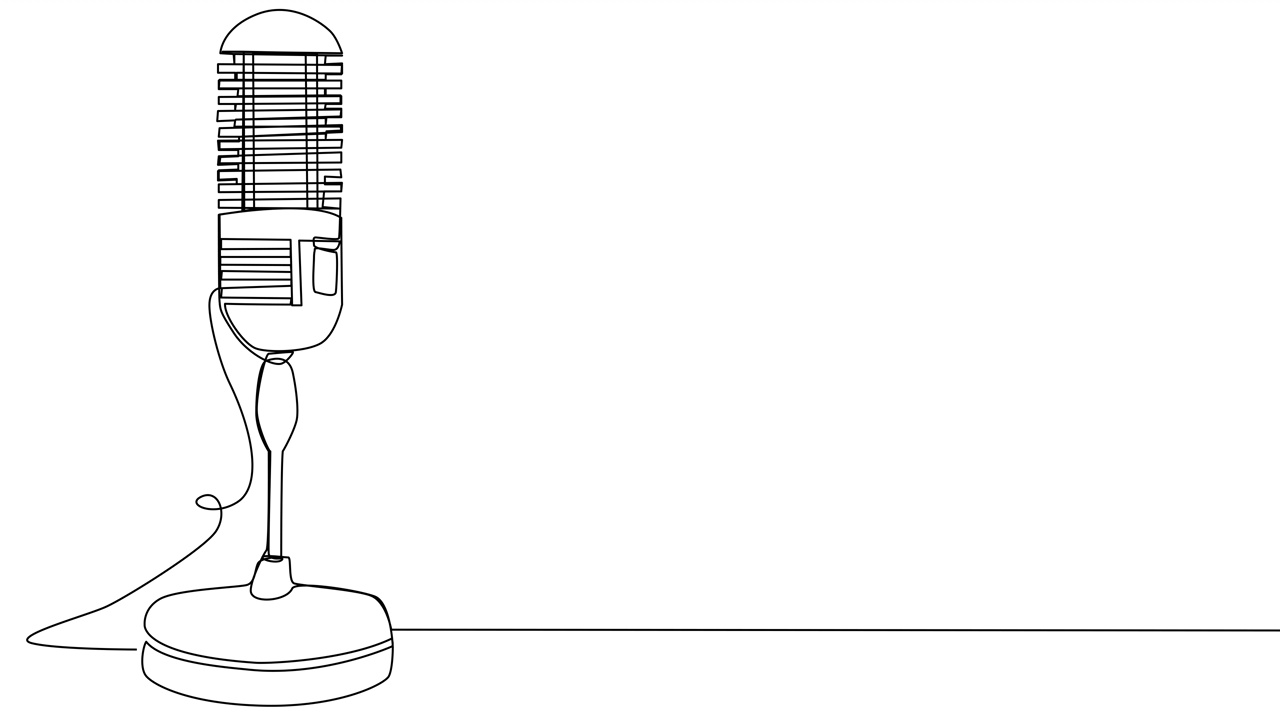 在白色屏幕上用一行自绘制演示者的麦克风。视频素材