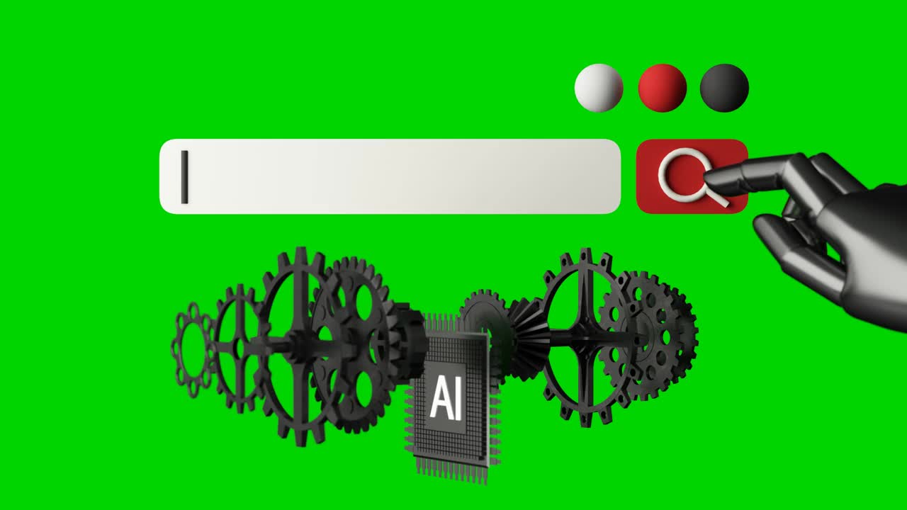 人工智能(AI)数据挖掘、深度学习计算机技术。齿轮传动。用人工智能系统搜索技术信息的概念。绿色屏幕色度键。三维渲染视频素材