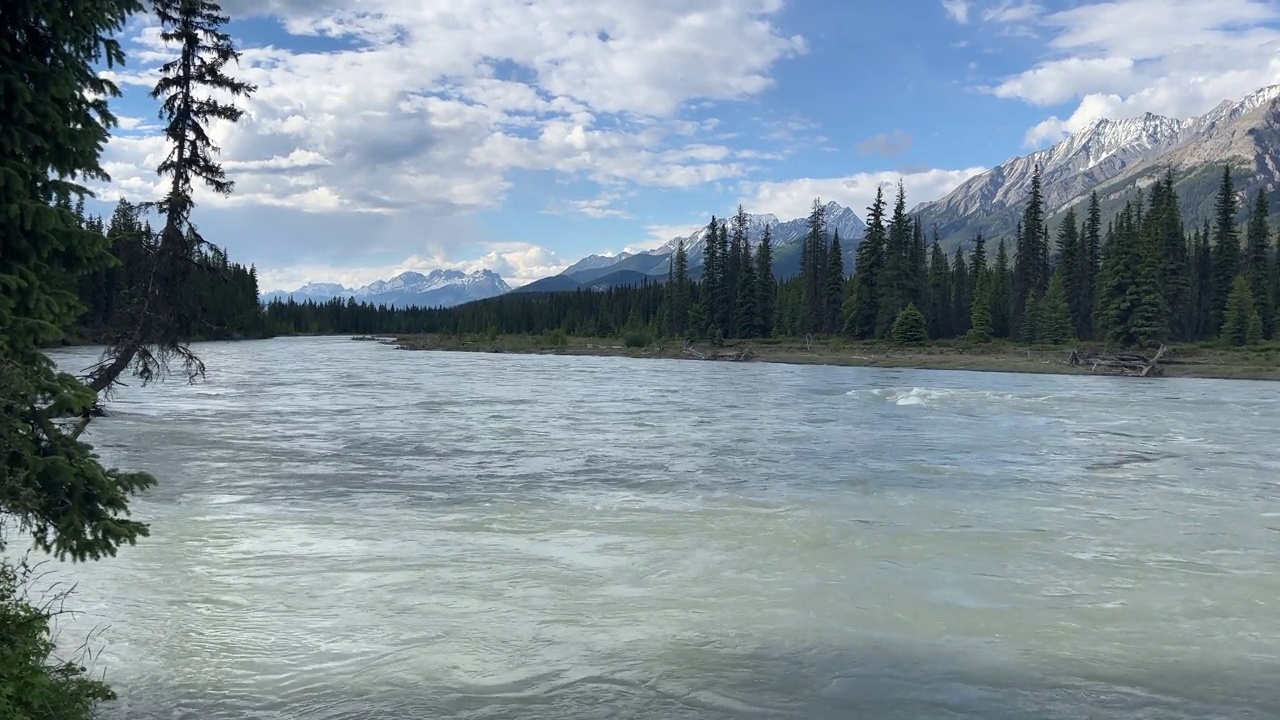 加拿大落基山脉一条宽阔河流上雨后的强劲水流。视频下载