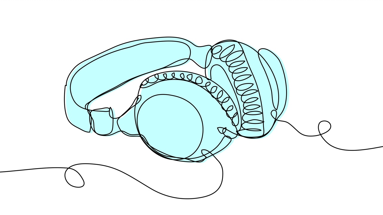 在白色背景上的一行蓝色耳机的自绘制。视频素材