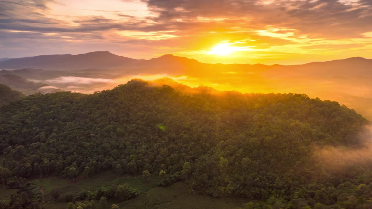 美丽的清晨景色与雾金光日出在高山。视频素材