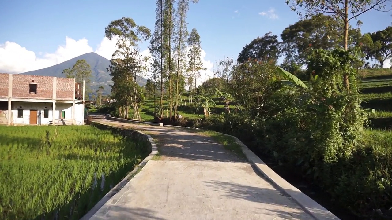 在乡村旅行，可以看到广阔的稻田和群山视频素材