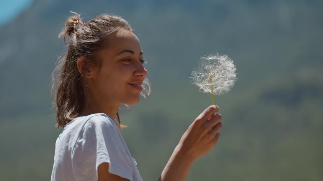 美丽有趣的年轻女子吹蒲公英。在户外。享受大自然。夏日草坪上健康微笑的女孩。无过敏概念。华丽苗条的混合种族白种人。视频素材