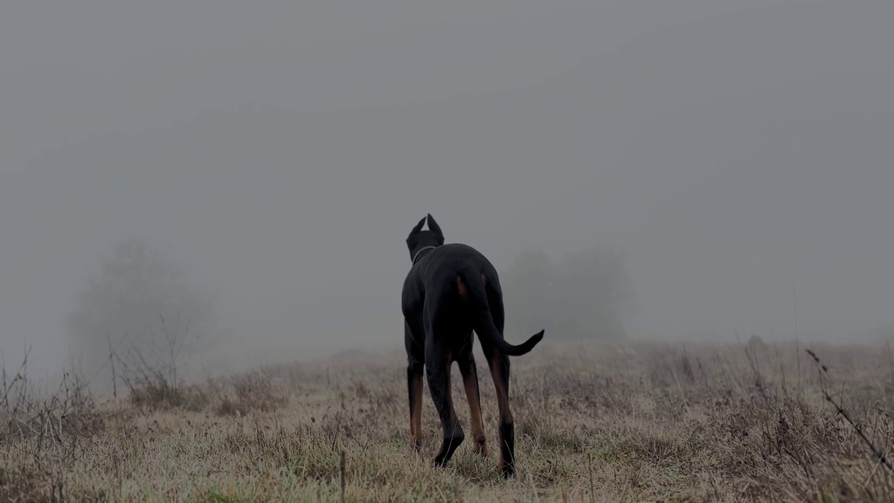 巨大的杜宾犬近距离观察，倾听和观察雾蒙蒙的雨天视频下载