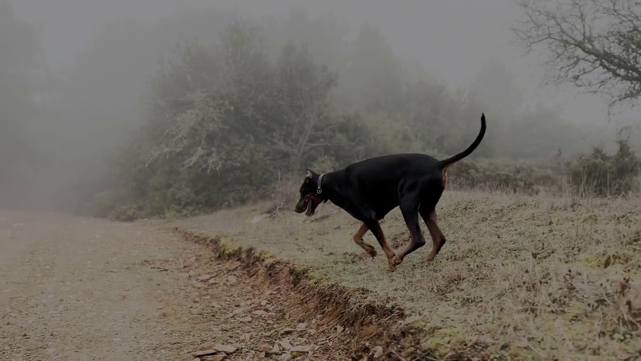 杜宾猎犬与镜头嬉戏，近距离奔跑，雾蒙蒙的雨天视频素材