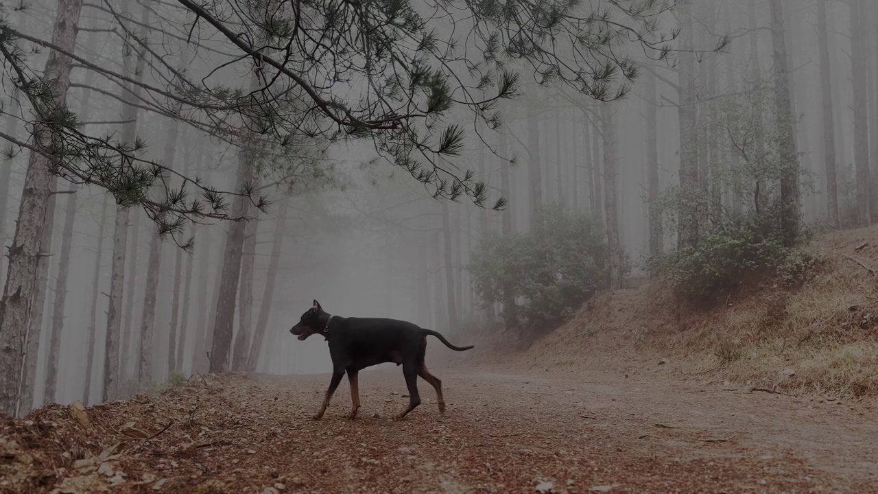 杜宾犬近景，聆听和观察，漫步在松树林雾蒙蒙的雨天视频素材