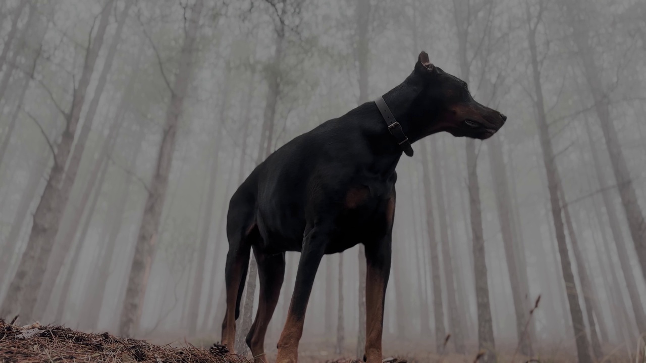 高大的杜宾犬站在松树林，雾蒙蒙的雨天视频下载