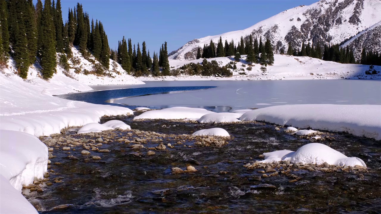 冬山川溪水林湖冰视频素材