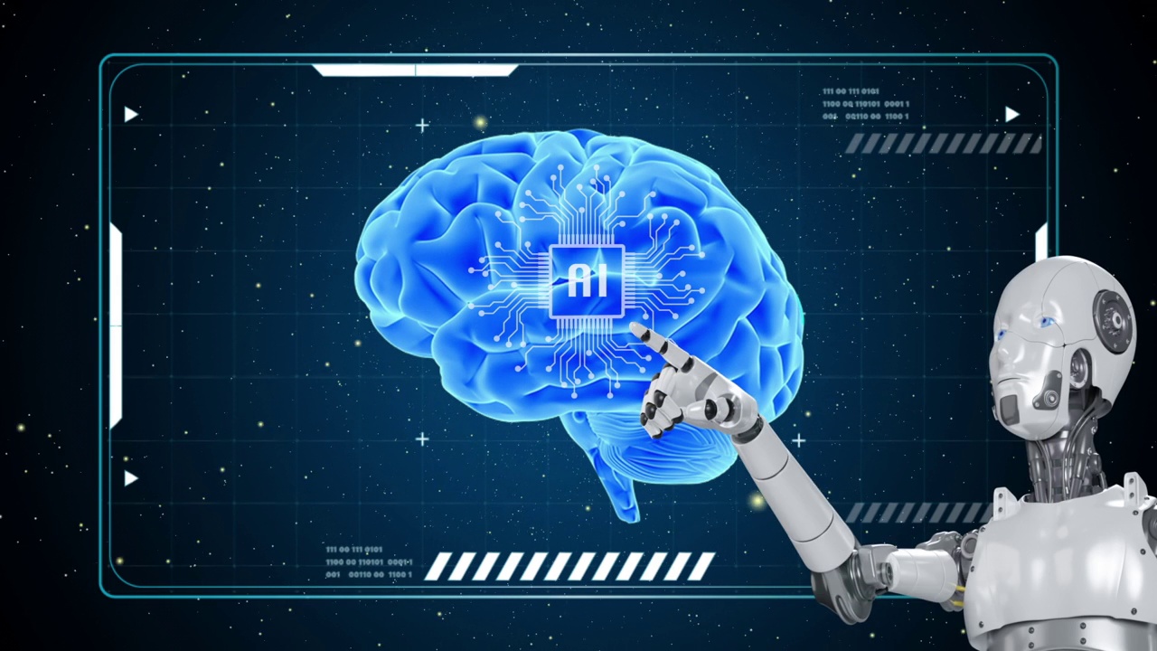 机器人在虚拟背景上触摸发光大脑中的AI图标。视频素材