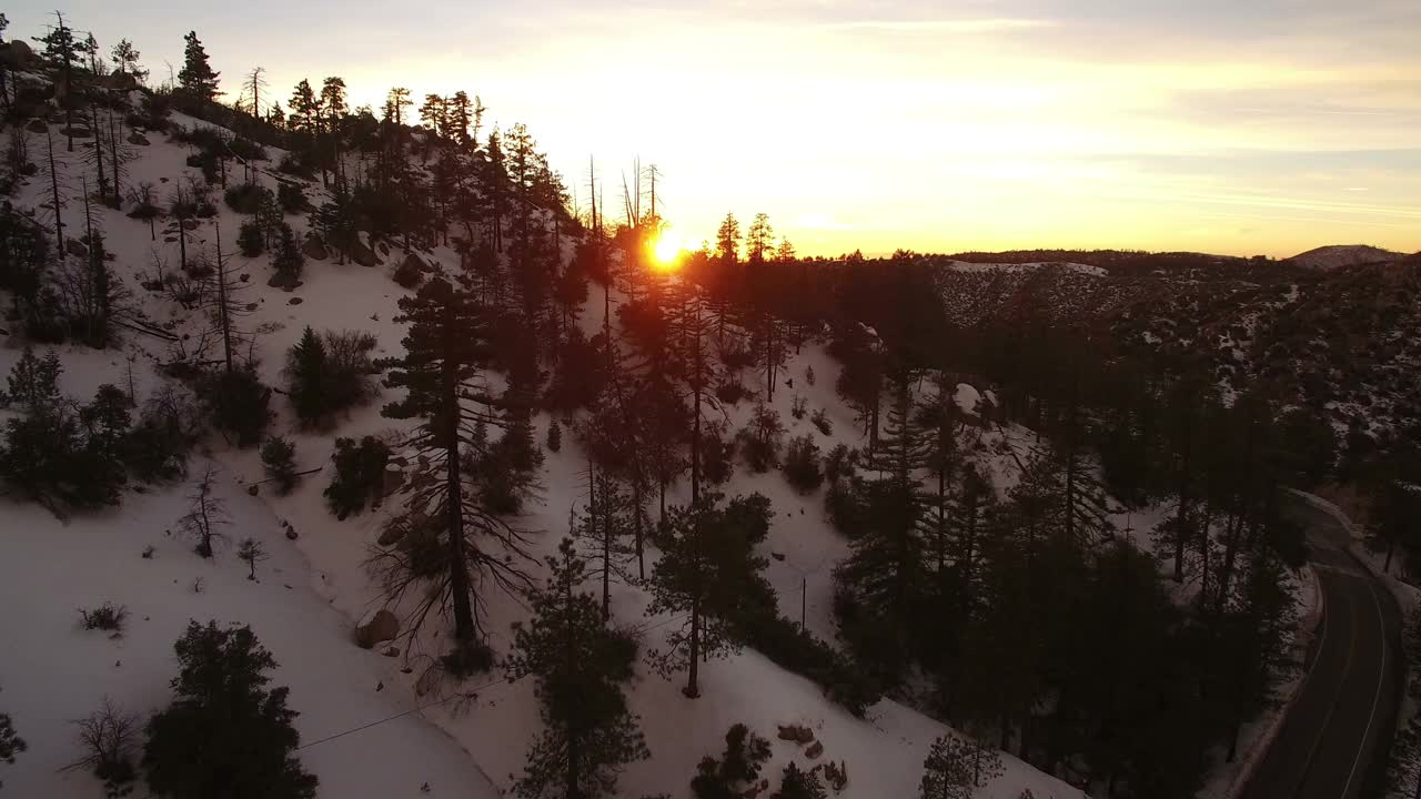 夕阳映照着冰雪覆盖的高山和松林，航拍加州向前视频素材