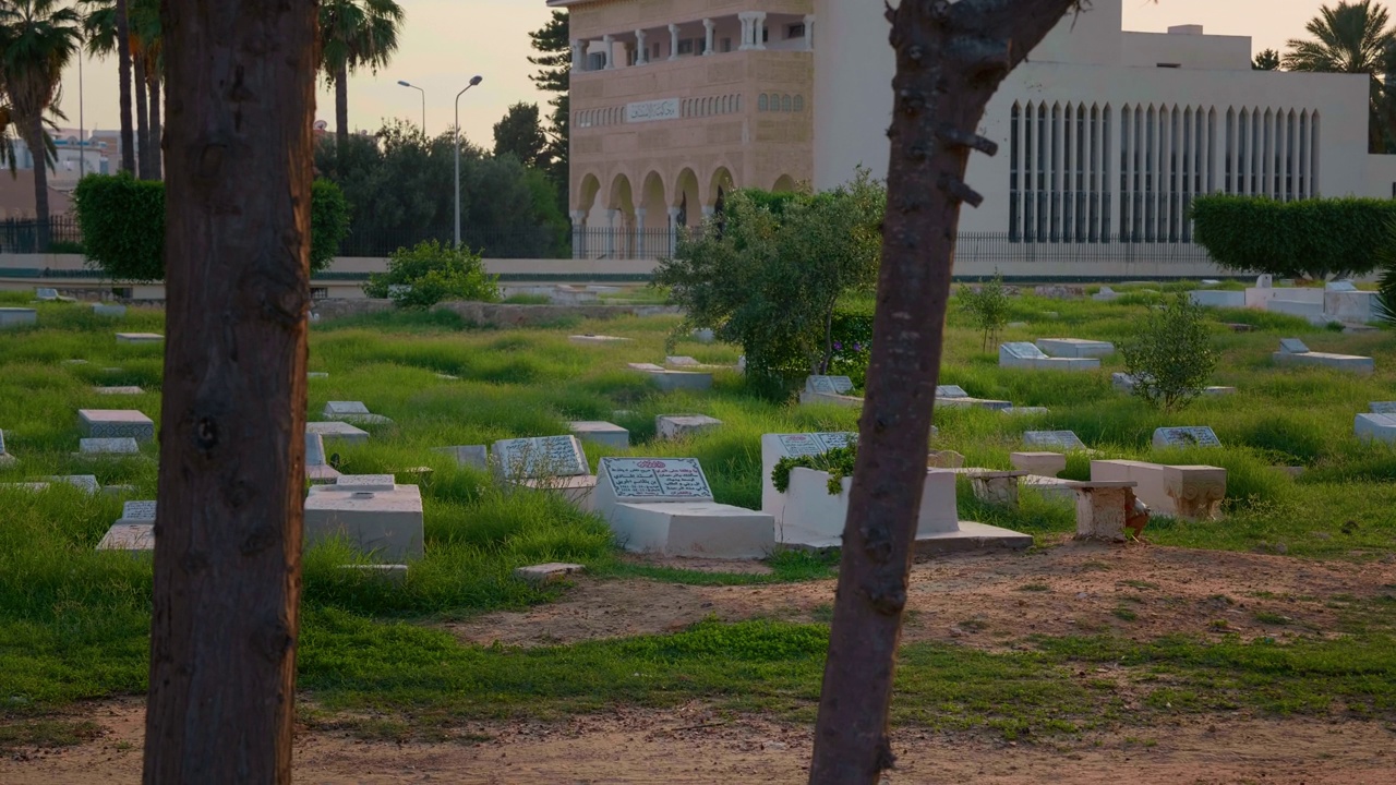 布尔吉巴陵墓附近有白色的墓碑和绿色的农田。视频素材