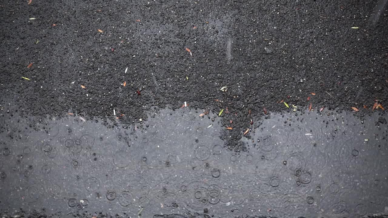 雨滴落在人行道上的水坑上视频素材