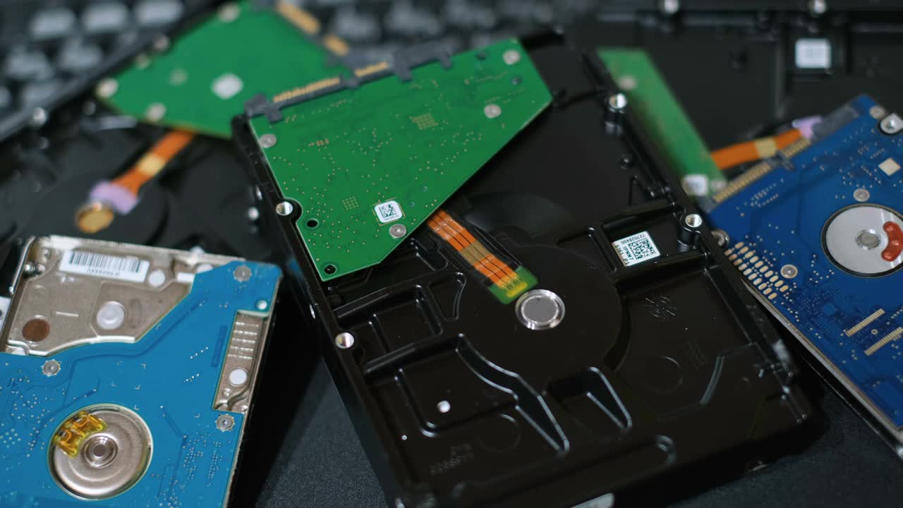 堆硬盘存储设备计算机组件。高科技零件短缺视频下载