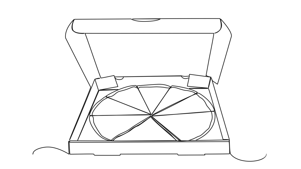 动画连续单线绘制切片披萨在纸箱送货盒视频素材