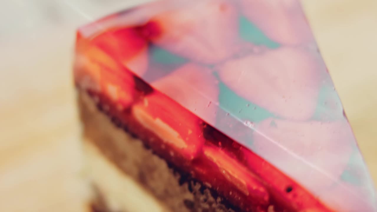 草莓和果冻蛋糕的轮廓效果。微距和滑块拍摄。背景是复古的氛围视频素材