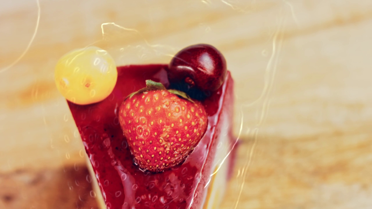 草莓、白樱桃和红樱桃蛋糕的轮廓效果。蛋糕有一个特殊的圆顶结构。微距和滑块拍摄。背景是复古的氛围视频素材