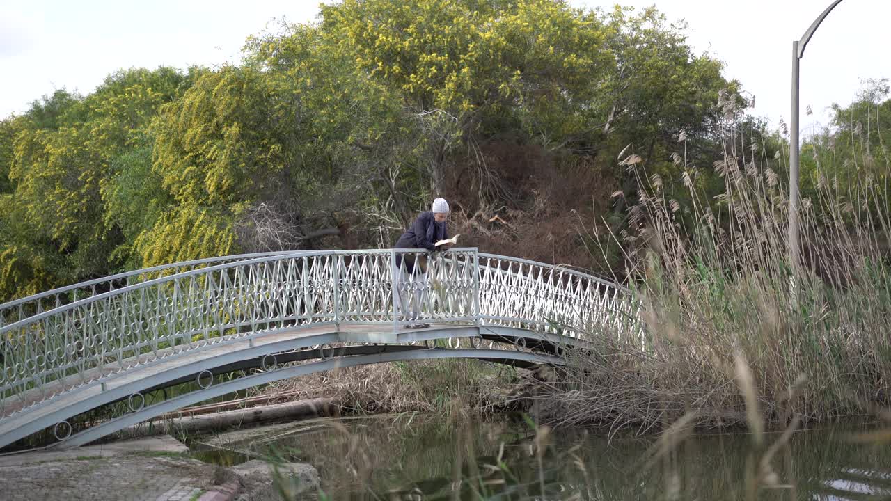 成熟的旅行者女人在森林的桥上看书。视频素材