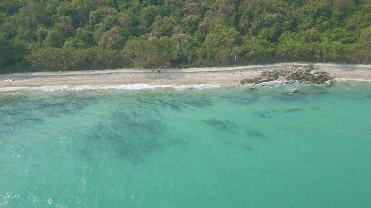 鸟瞰热带绿树森林白沙海滩棕榈树视频素材