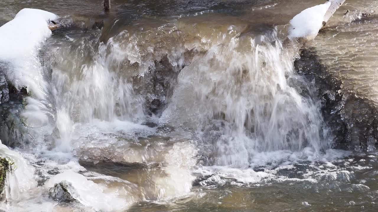 春天解冻。春天冰雪融化时，水流湍急。视频素材