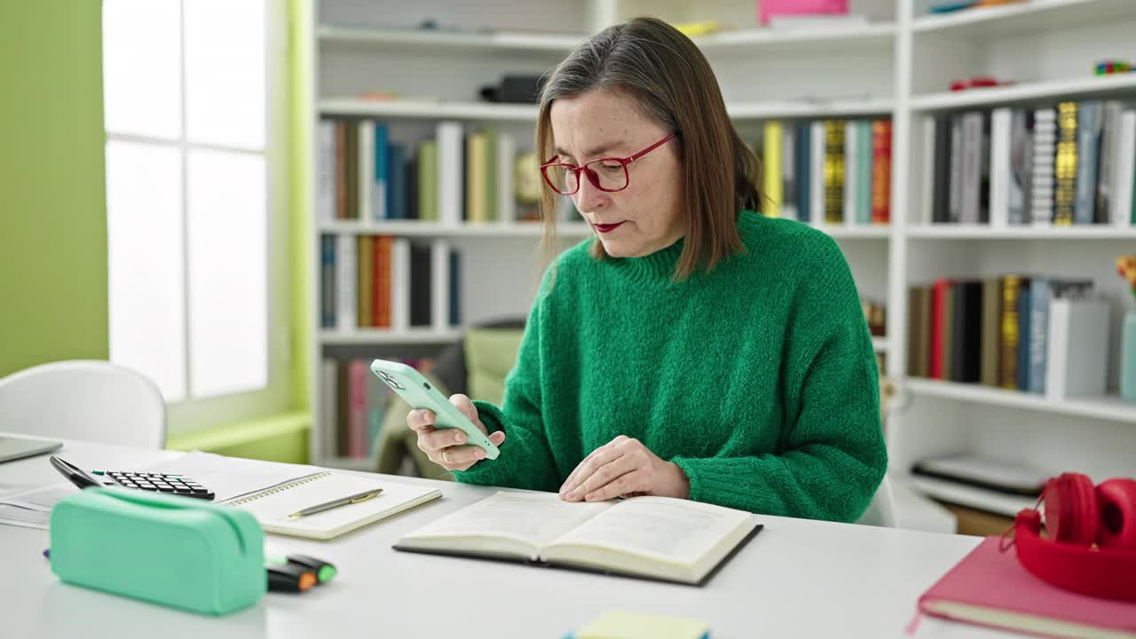 成熟的西班牙女子与灰色头发的学生使用智能手机在图书馆看书视频素材