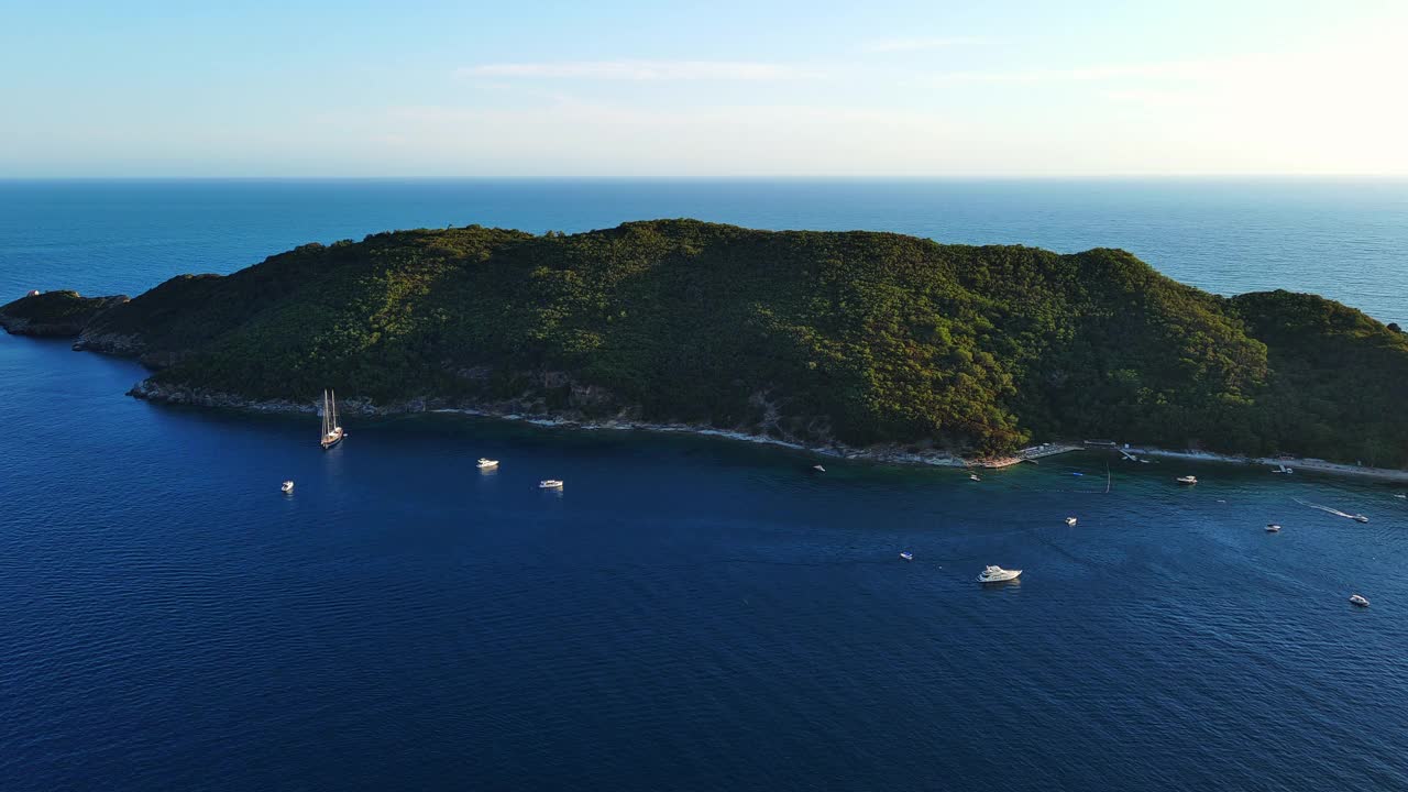 圣尼古拉斯岛，亚得里亚海岸边的植被，以沿海城镇、黑山山脉和晴朗的天空为背景视频素材