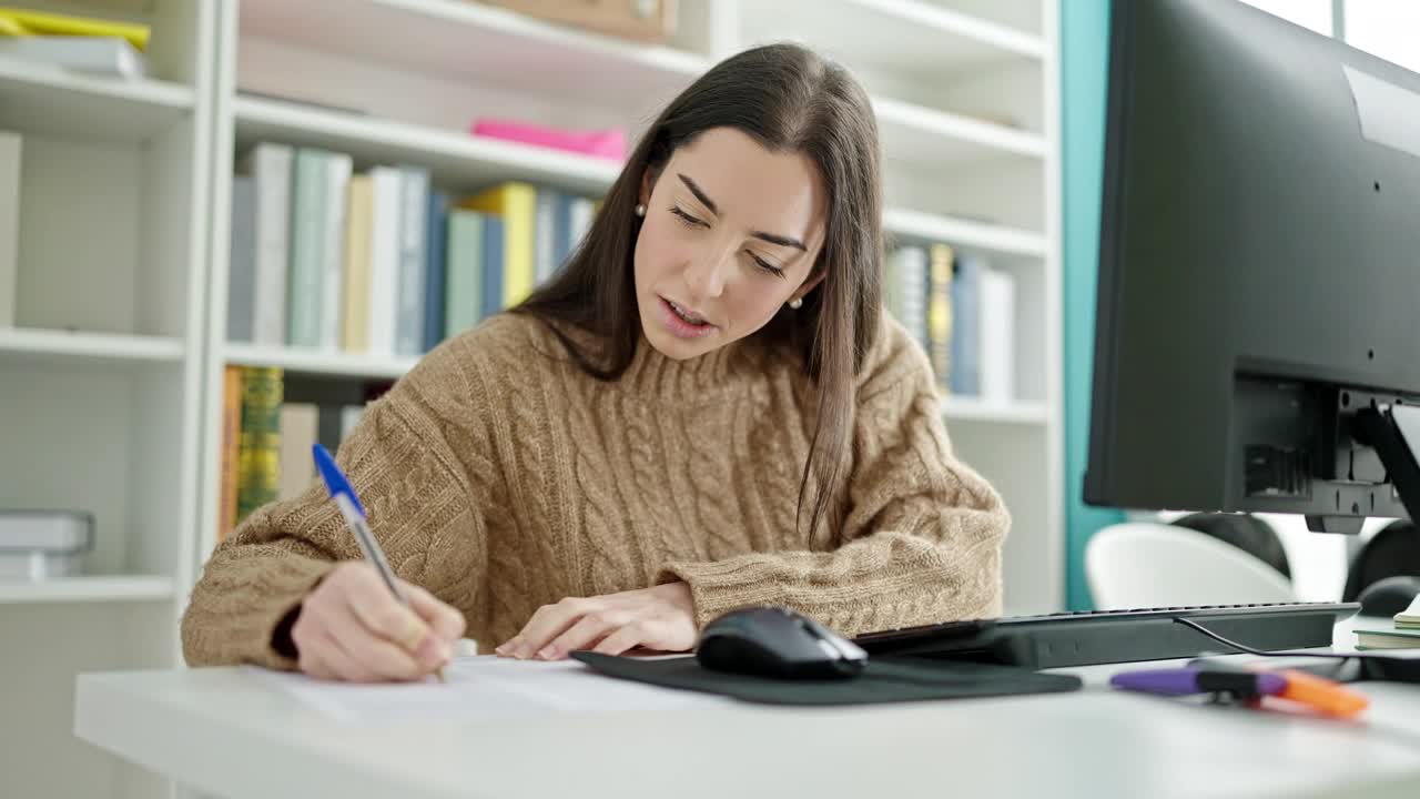 年轻美丽的西班牙女学生写在文件痛苦的背痛在大学教室视频素材