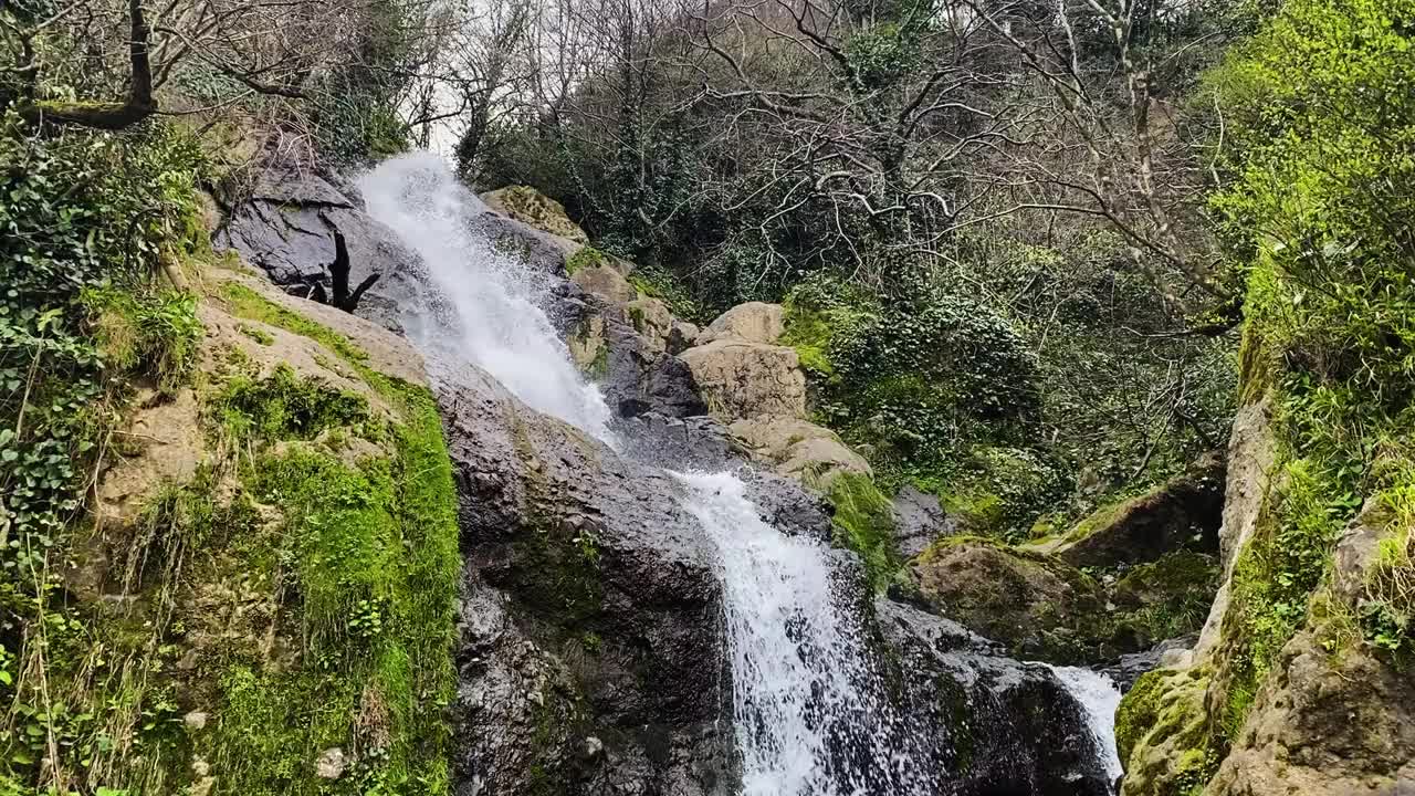 一个美丽的瀑布，在一个阳光明媚的夏日里，峡谷里有岩石、植物群和清澈的水。视频素材