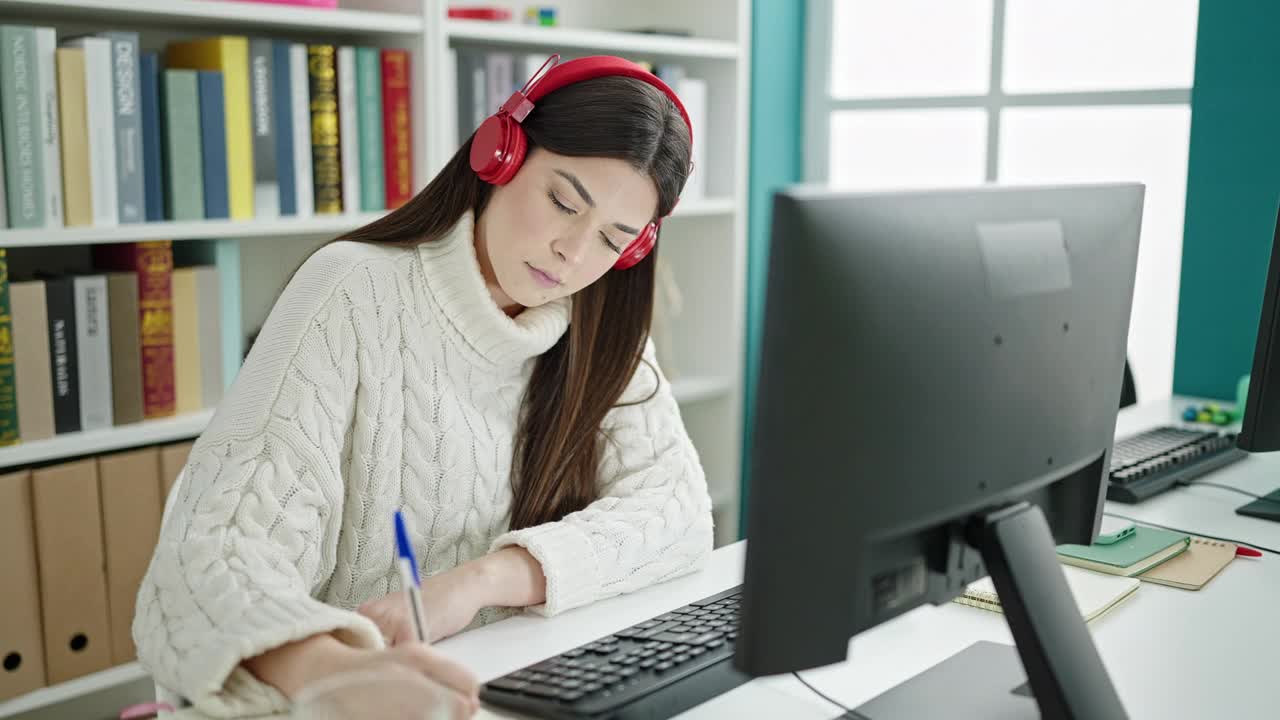 年轻美丽的西班牙女学生在大学教室视频通话上课视频素材