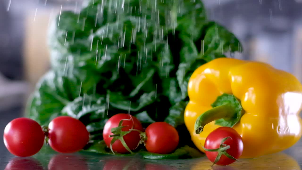 新鲜的农家蔬菜。西红柿，甜椒，新鲜的水果和蔬菜出现在黑暗的厨房桌子上的水滴。工作室拍摄，用滑块拍摄动作，微距摄影。视频素材
