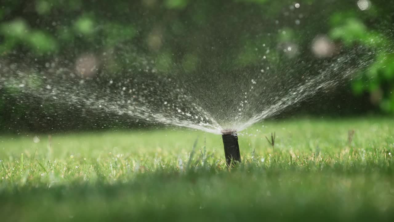 草坪洒水车在炎热的夏天向花园里的草地喷水，慢动作视频素材