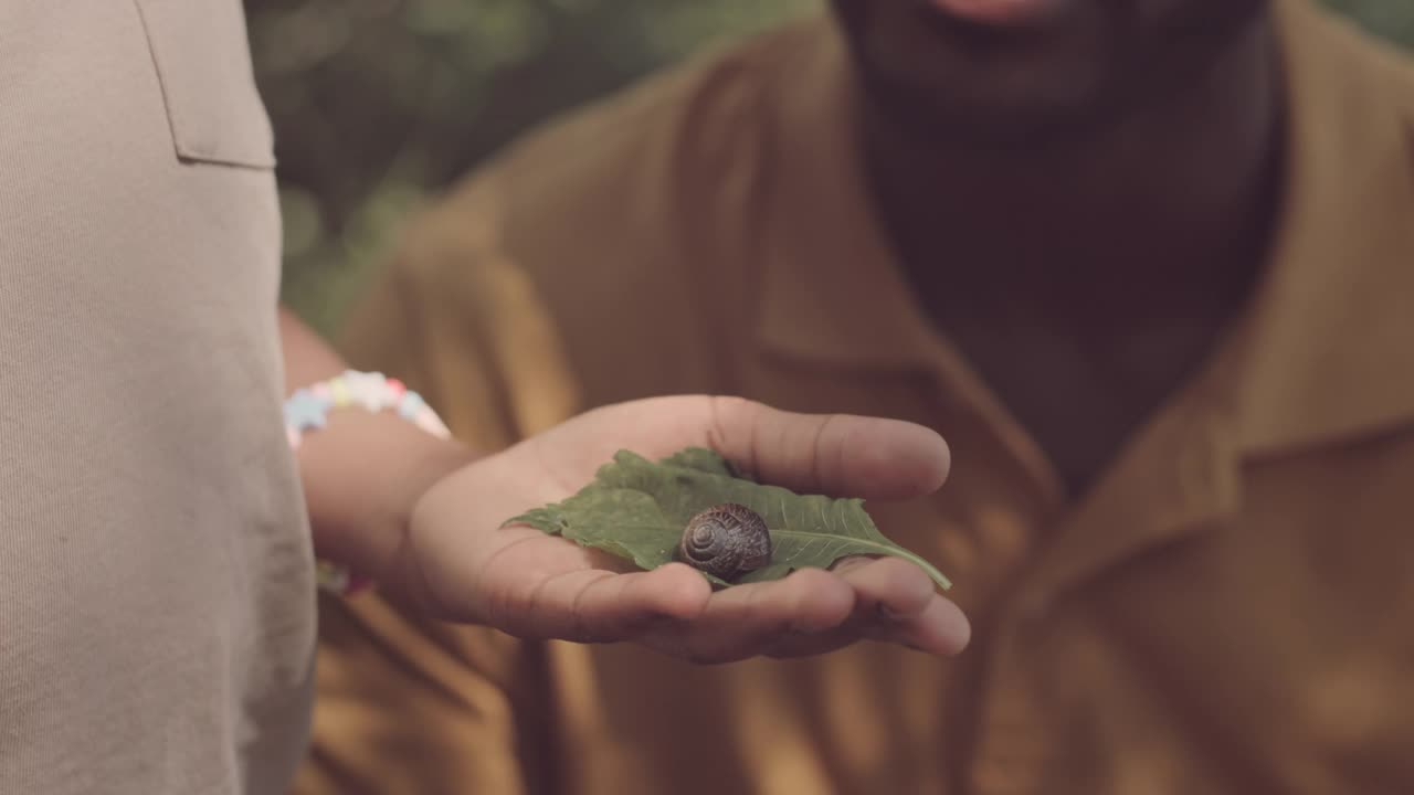 手握绿叶蜗牛的女孩视频素材