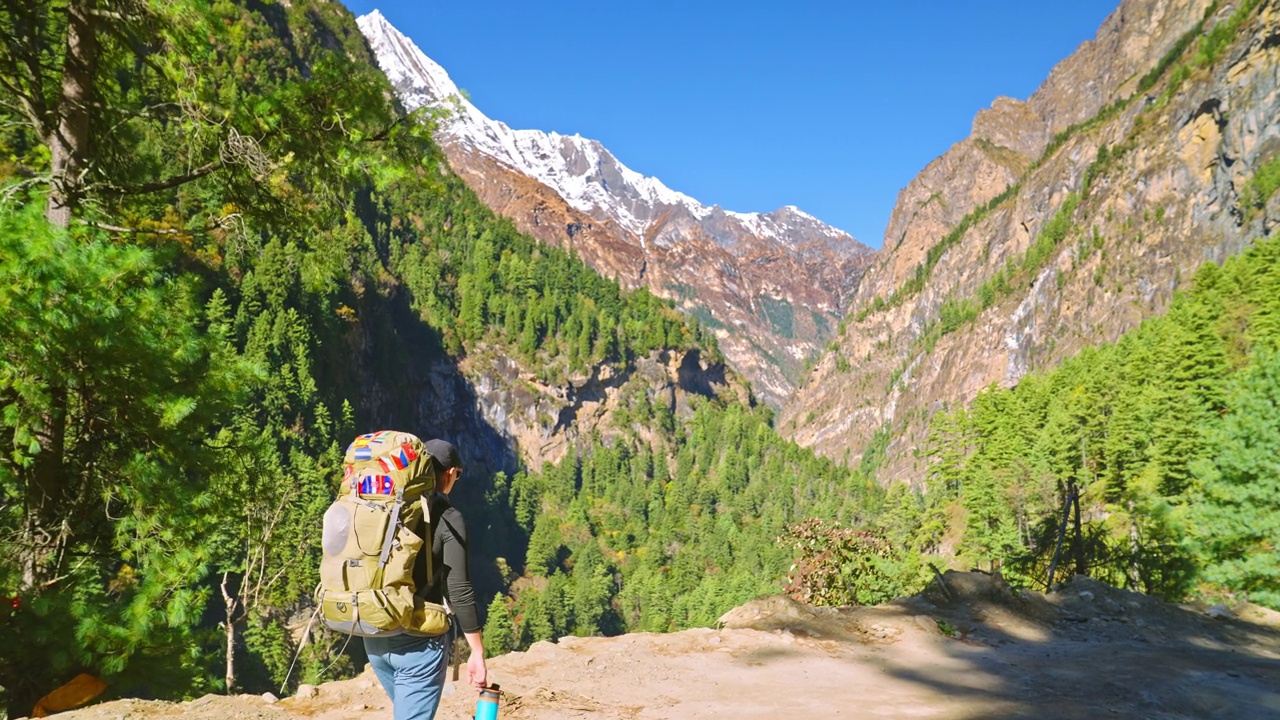 一名女徒步旅行者在安纳普尔纳环线徒步旅行中，向远处的尼泊尔喜马拉雅山峰望去视频素材